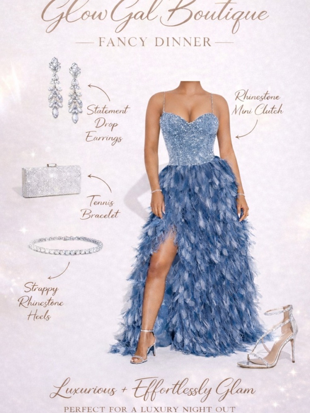 Blue Feathered Evening Dress